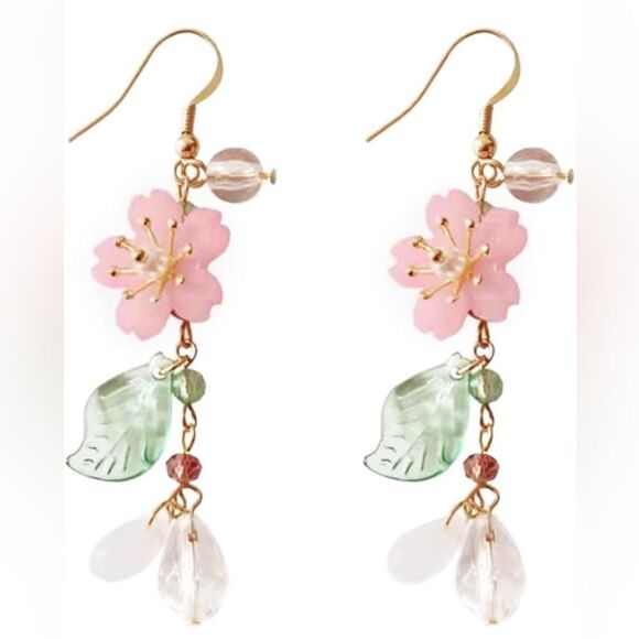 Chic Pink and Green Floral Dangle Earrings - Picture 1 of 5